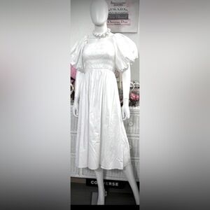 Reformation Tuli Midi Dress Organic Cotton Smocked Puff Sleeves in White size XS